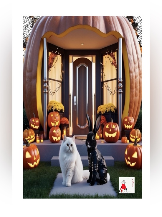 Hand Crafted Other - HANDCRAFTED digital art print of a pumpkin house with fur babies in Halloween